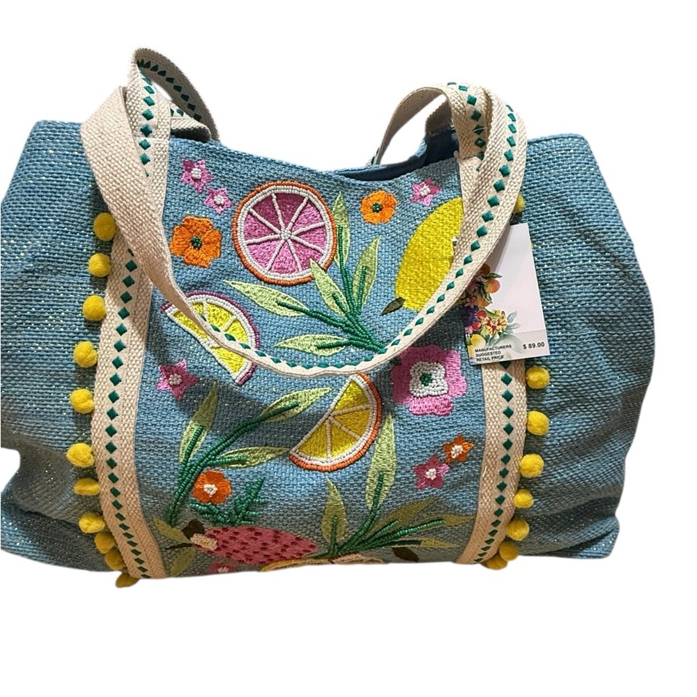 Beach Bag Express Edit Tote-Blue Tropical Embroidered Tote Bag with Pom-Pom Trim - Picture 6 of 16
